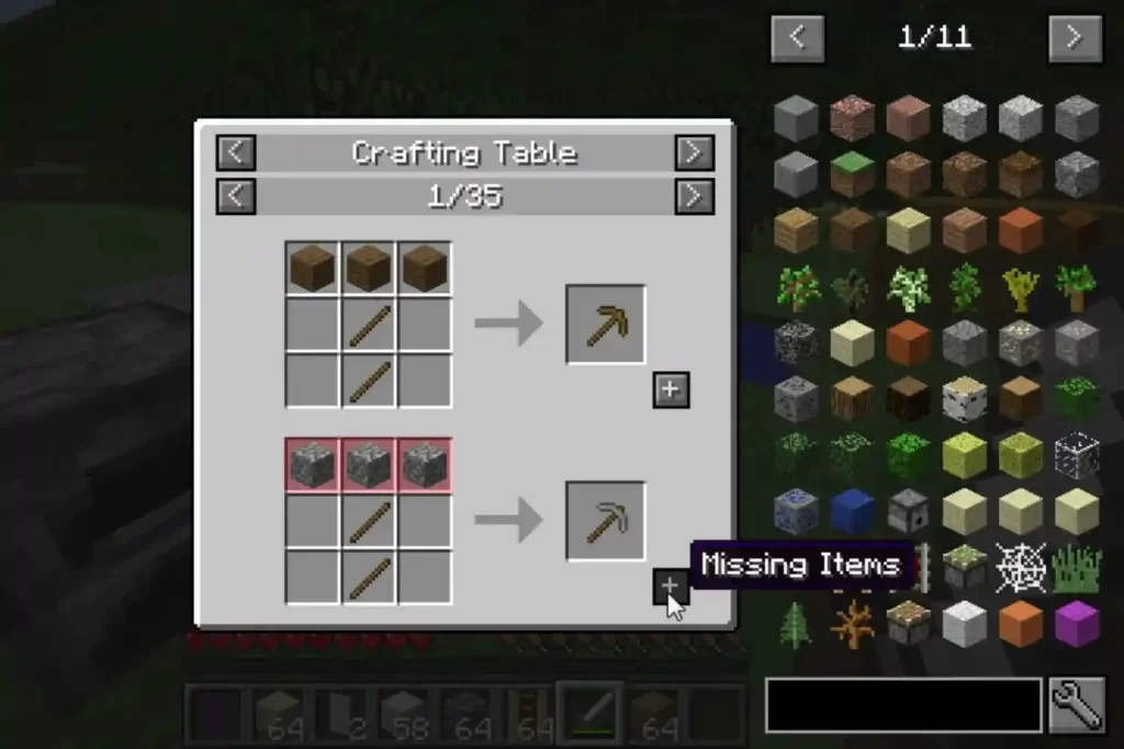 Minecraft JEI menu